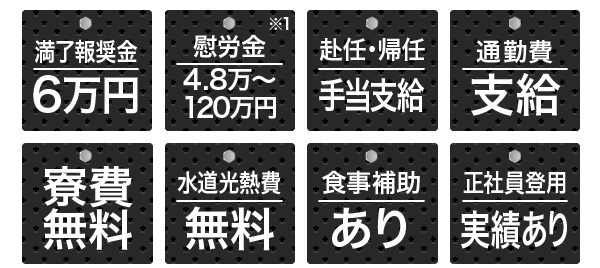 ［満了報奨金6万円］［慰労金4.8万～91.2万円］［赴任・帰任手当支給］［通勤費支給］［寮費無料］［水道光熱費無料］［食事補助あり］［正社員登用実績あり］